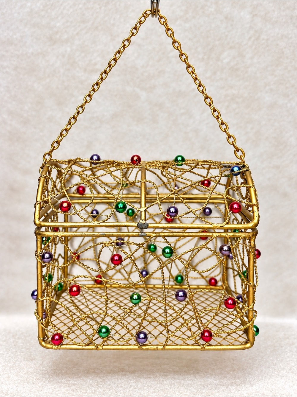 Gold Wire Mesh Handbag with Multicolor Bead Accents